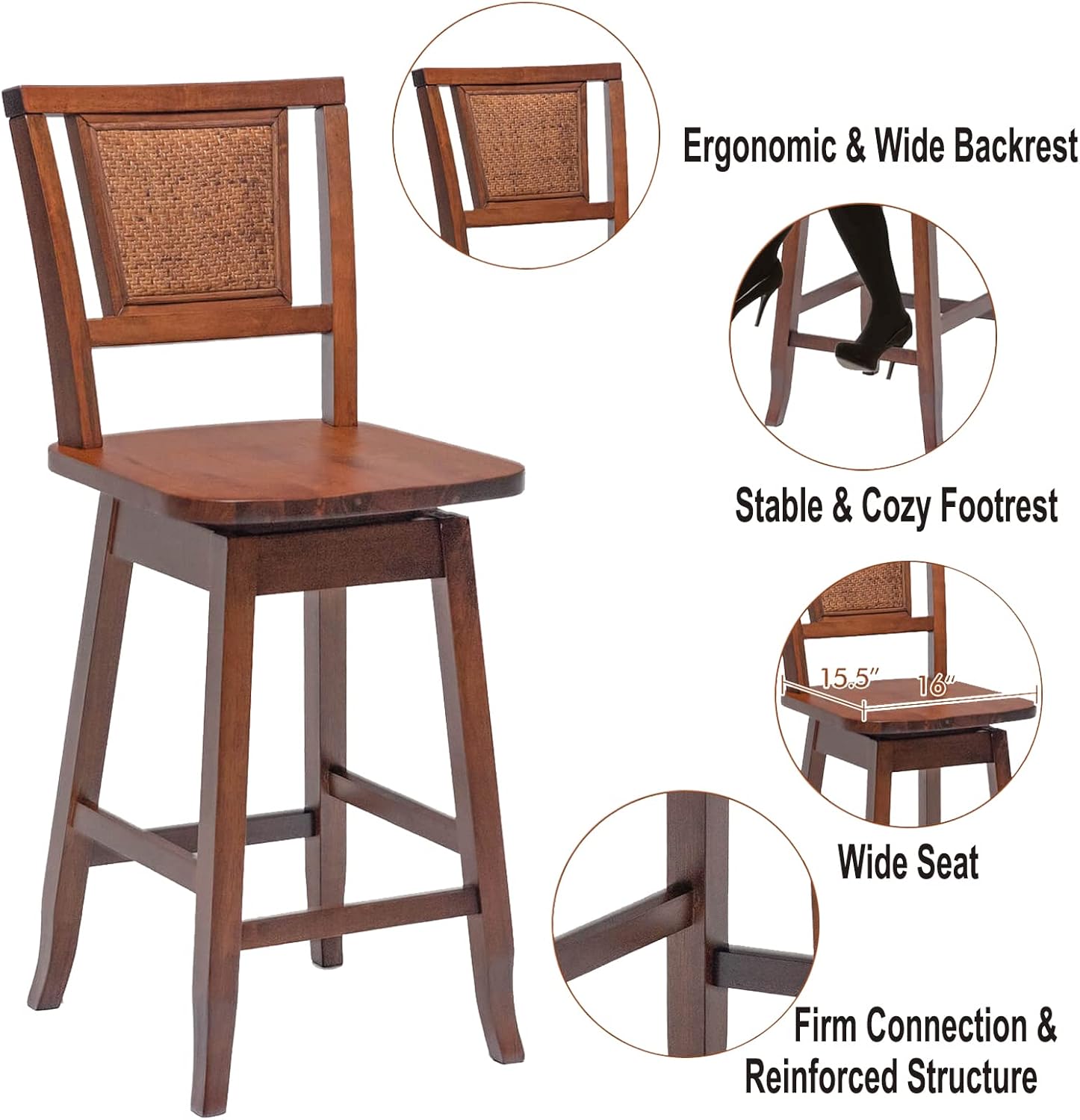 Taburete de bar, silla alta, taburete de bar de altura de asiento de 24.5 pulgadas, taburete de madera giratorio de 360 con respaldo de ratán,