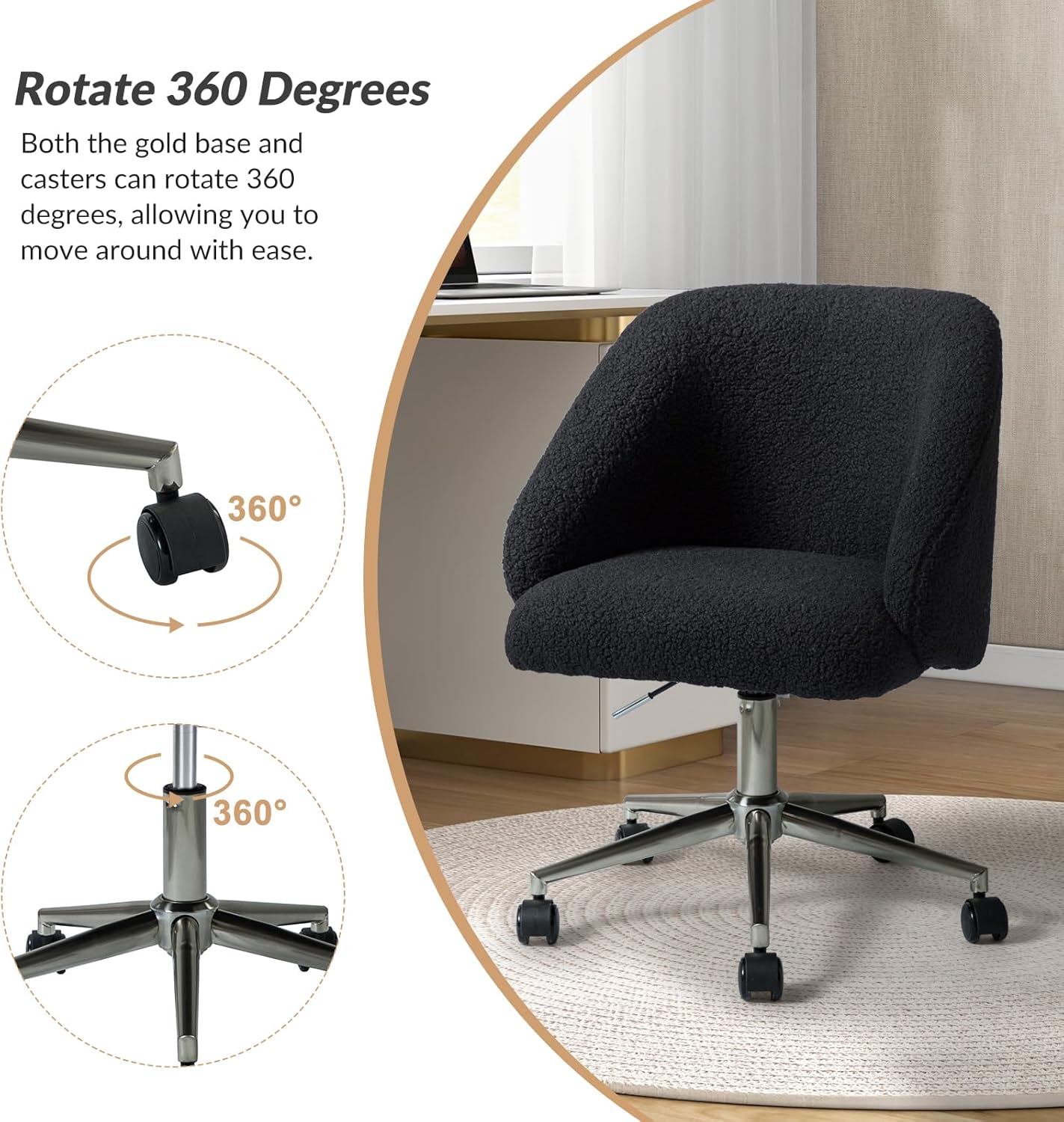 HULALA HOME Silla de oficina sherpa, cómoda silla de escritorio tapizada para oficina en casa, silla de trabajo de altura ajustable, silla de