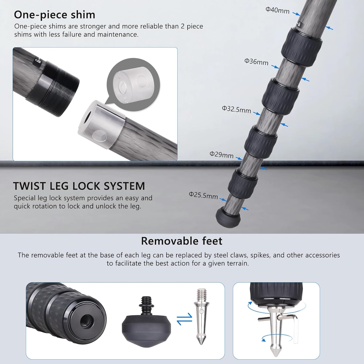 Trípode profesional de fibra de carbono resistente CS901C con columna central externa, monopod desmontable, compacto y ligero, soporte de cámara de