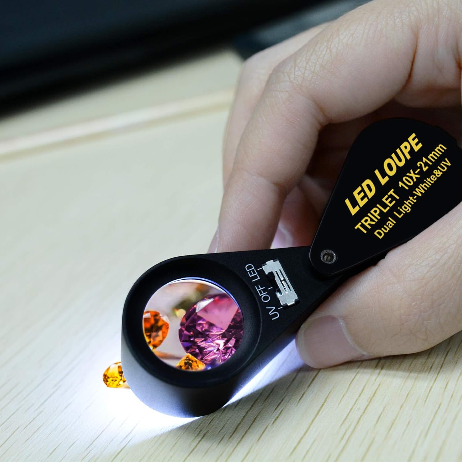 0.394 x 0.827 in lupa joyero lupa LED UV triplete lente lupa gema óptica herramienta acromática aplanática plegable bolsillo negro marco para