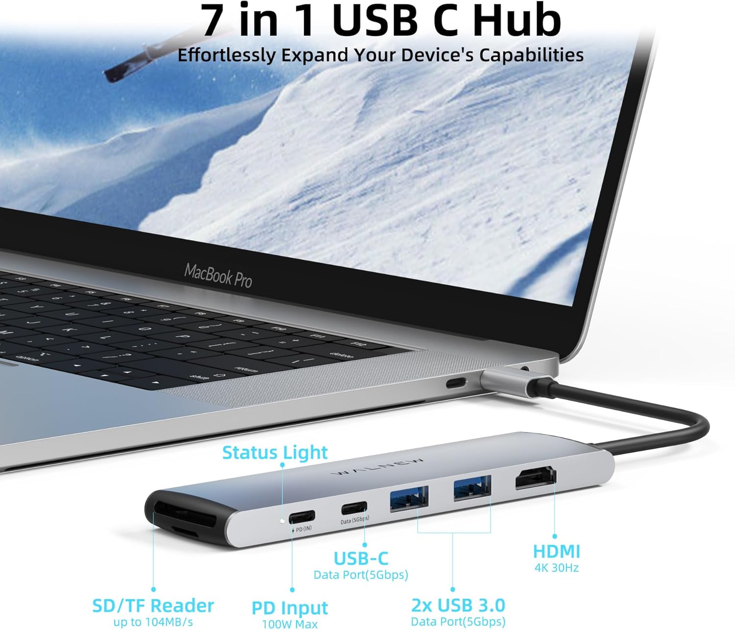 WALNEW Hub USB-C 7 en 1 con HDMI 4K, 100 W PD, puerto de datos de 5 Gbps (1 tipo C y 2 USB 3.0), lector SDTF, adaptador multipuerto USB Dongle para