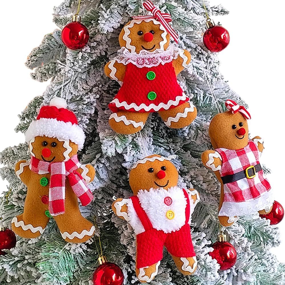 4 adornos de hombre de jengibre de 5.7 pulgadas de alto para árbol de Navidad, figuras surtidas de pan de jengibre rellenas, adornos para colgar en