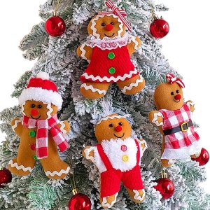 4 adornos de hombre de jengibre de 5.7 pulgadas de alto para árbol de Navidad, figuras surtidas de pan de jengibre rellenas, adornos para colgar en 4 adornos de hombre de jengibre de 5.7 pulgadas de alto para árbol de Navidad, figuras surtidas de pan de jengibre rellenas, adornos para colgar en