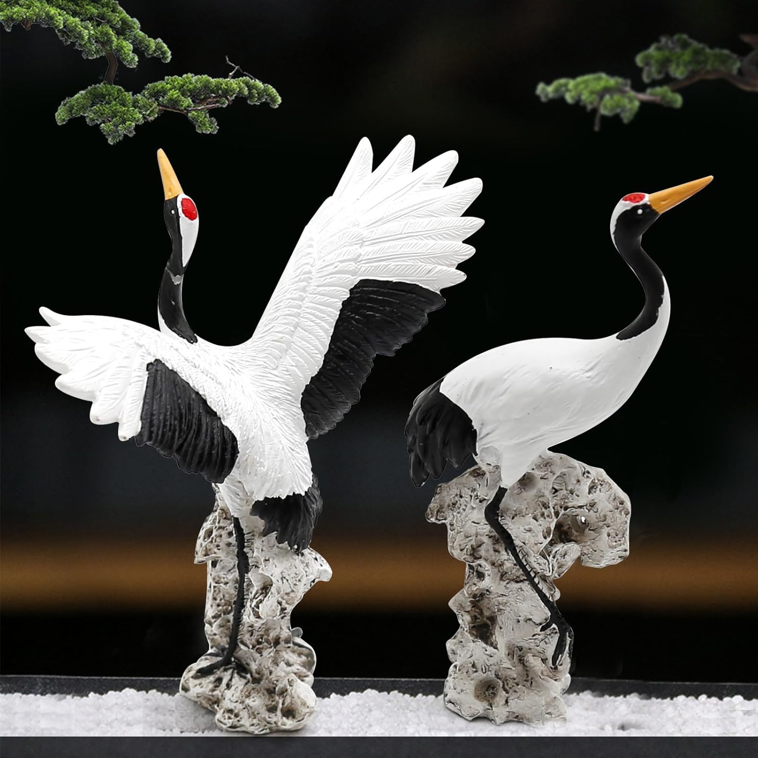 UOIENRT Paquete de 2 estatuas de grúa de jardín en miniatura, arte de pájaros, decoración de bonsái, esculturas de hadas de jardín