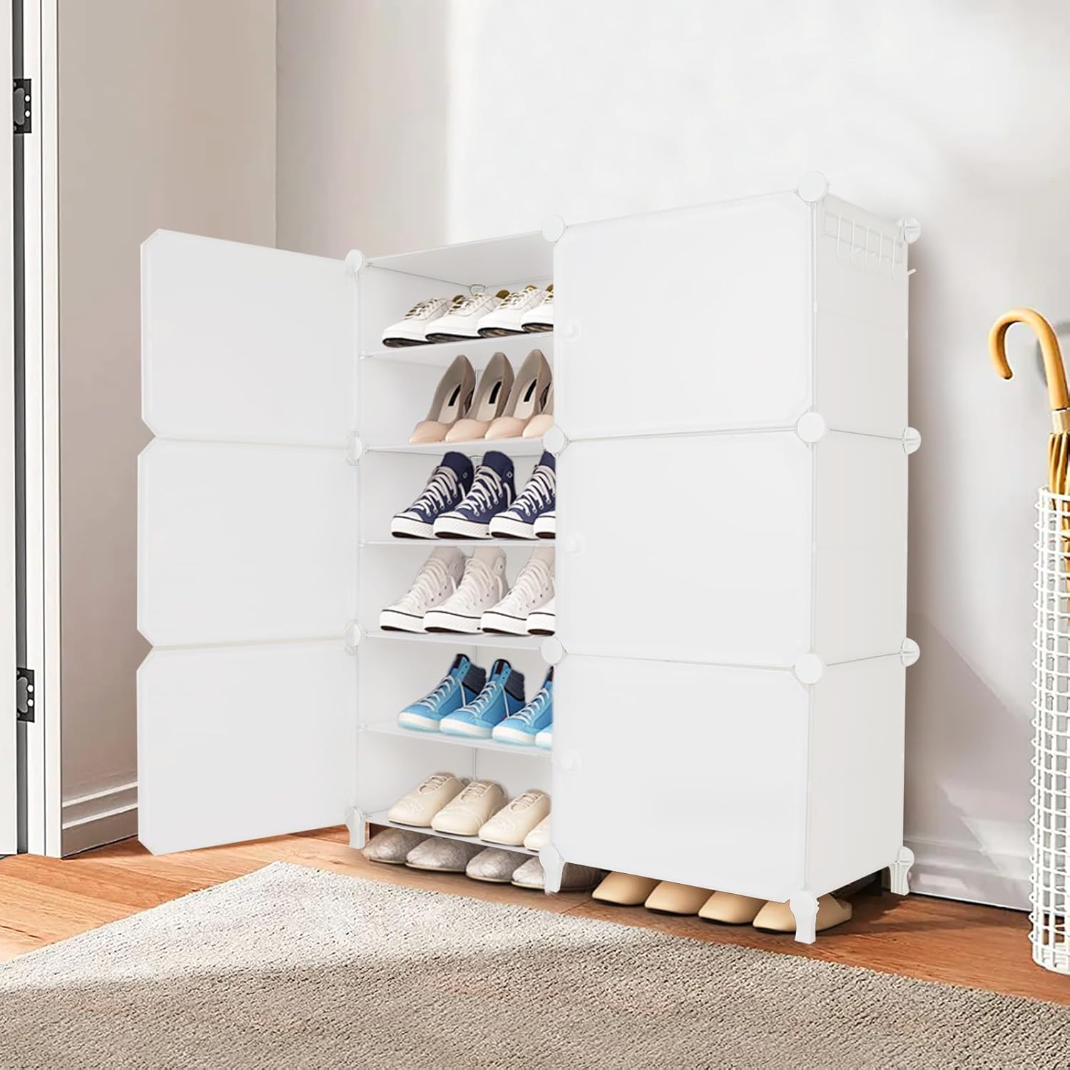 Organizador de zapatos de 6 niveles con puertas, organizador de zapatos portátil con 24 pares de estantes de plástico para zapatos, organizador para