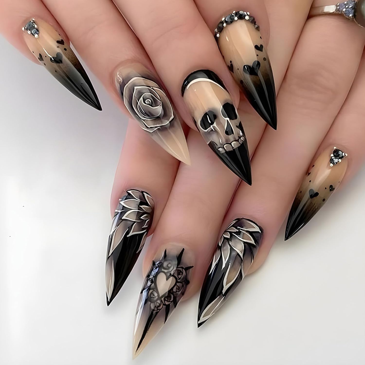 Uñas postizas a presión de Halloween, cuadradas, medianas, francesas, color negro, degradado, cobertura completa, calavera, corazón rosa, con