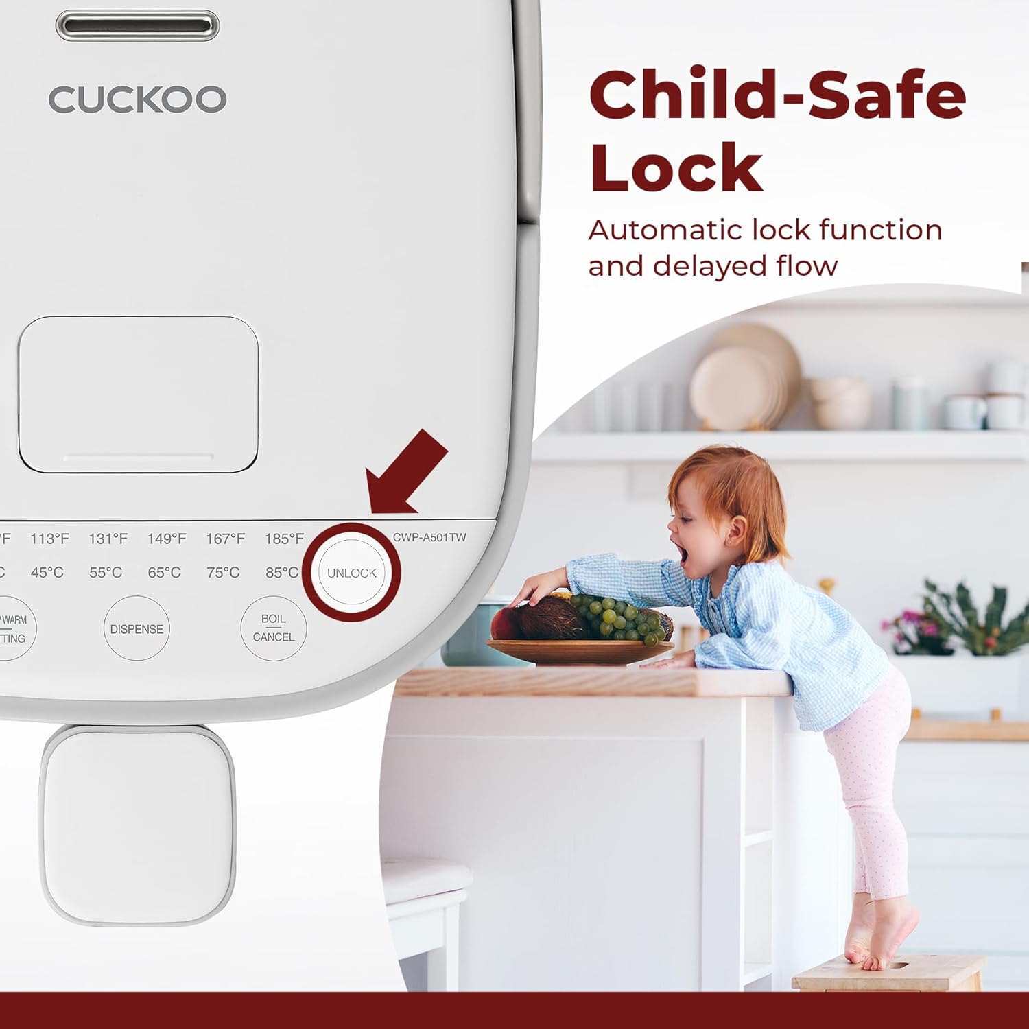 CUCKOO CWP-A501TW  Dispensador y calentador de agua caliente  Dispensación automática y protección contra hervir en seco  Acero inoxidable aislado