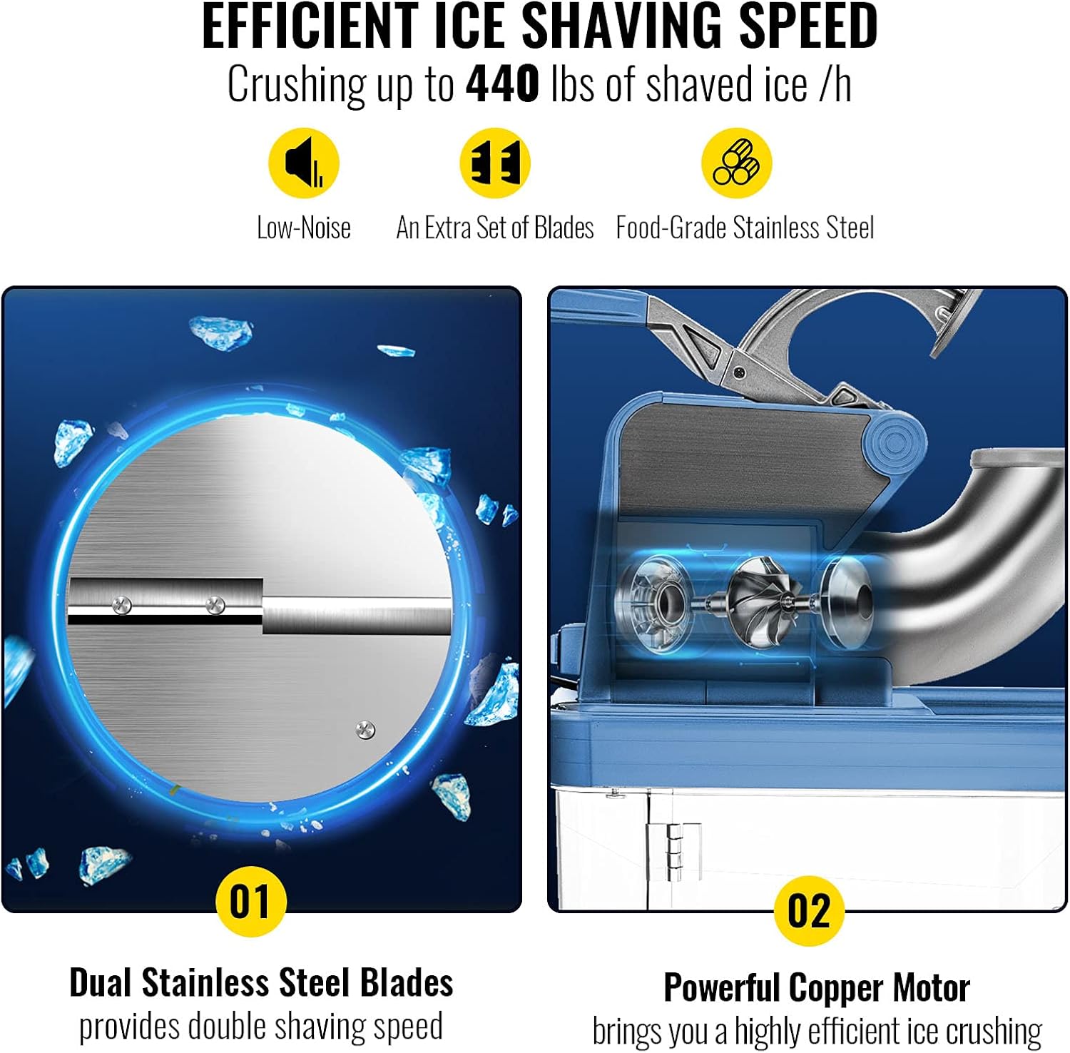 VEVOR Trituradora de hielo comercial de 110 V, 440 librash, aprobada por ETL, máquina eléctrica de cono de nieve azul de 300 W, barras y vertedores
