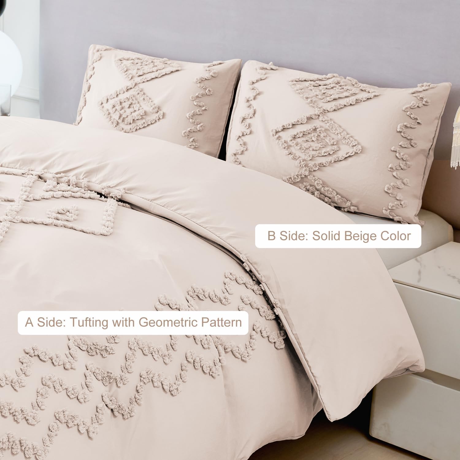URBONUR Juego de funda de edredón beige tamaño Queen  Juego de ropa de cama bohemio copetudo, color beige, juego de funda de edredón suave y ligera