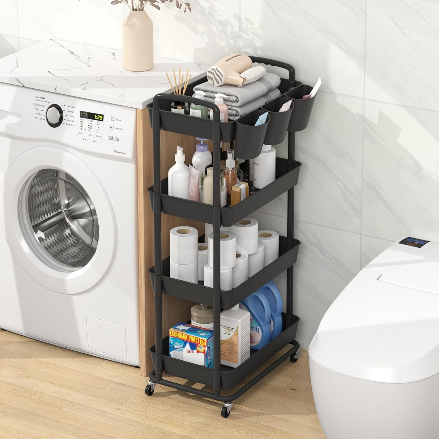 JIUYOTREE Carrito de almacenamiento de plástico de 4 niveles con asas de tazas colgantes adicionales, ruedas bloqueables para sala de estar, baño,