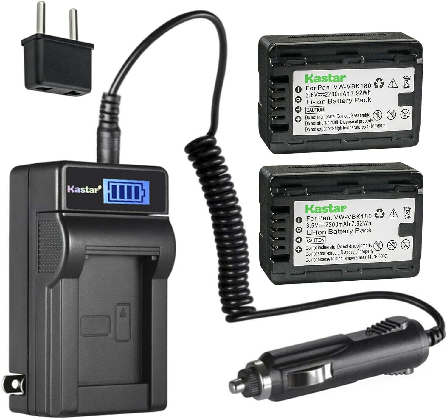 Kastar Paquete de 2 baterías VW-VBK180 y cargador de CA LCD compatible con Panasonic HC-V10M, HC-V100, HC-V100K, HC-V100EG-K, HC-V100EG-W, HC-V100K,