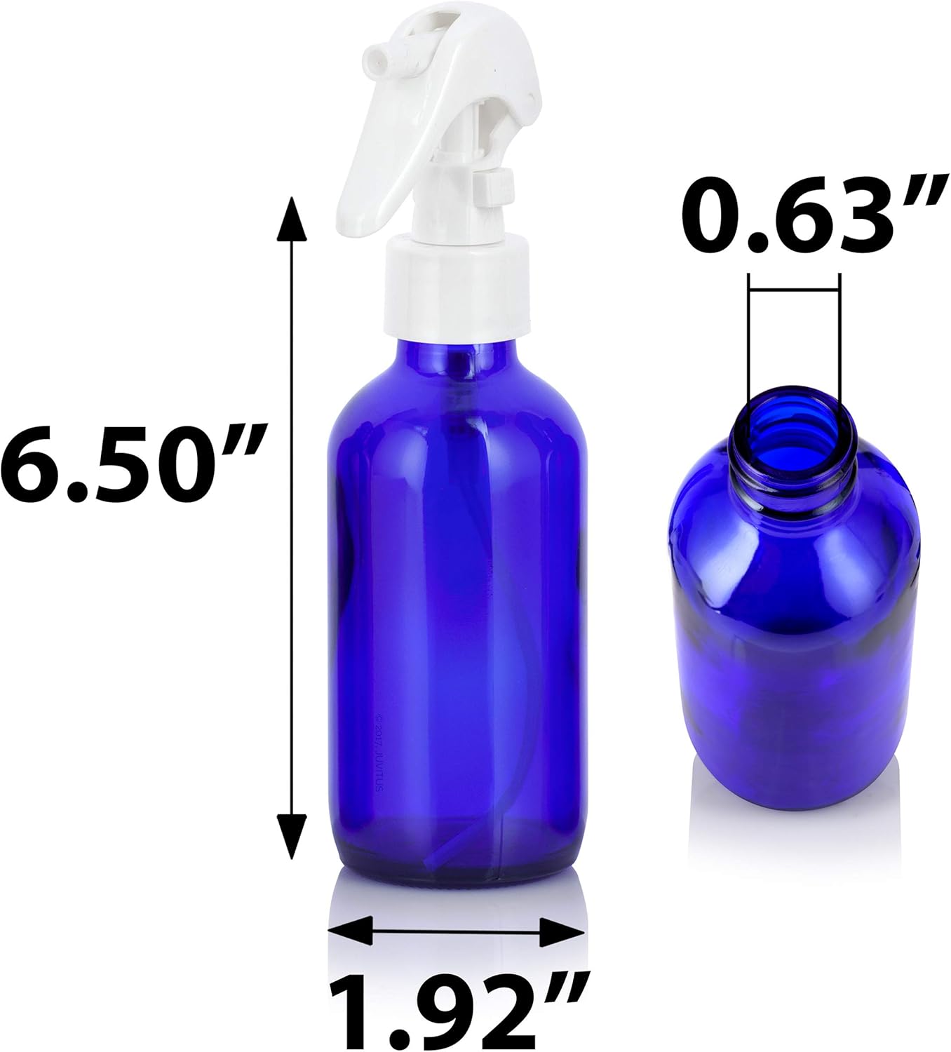 JUVITUS Botella redonda Boston de vidrio azul cobalto de 4 onzas con spray gatillo blanco (paquete de 6) I Contenedores de almacenamiento vacíos