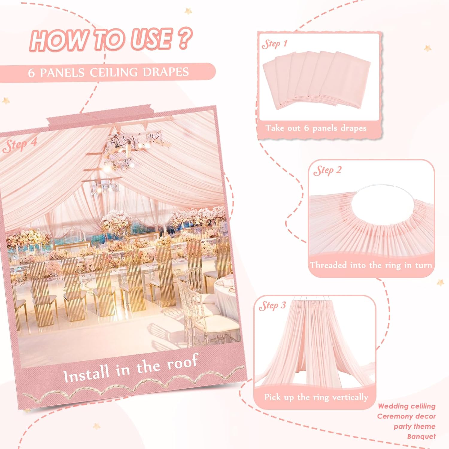 Cortinas de techo de gasa para boda, 6 paneles de 5 x 10 pies, color melocotón claro, cortinas de tela transparente para ceremonia, recepción,