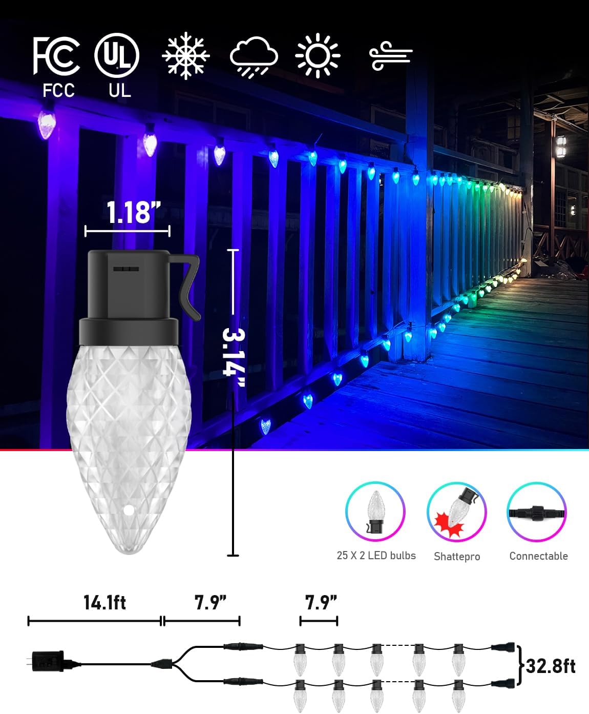 Luces de Navidad C9, pantalla personalizada, 32.8 pies, 50 LED, controlada por aplicación, cambio de color, control de grupo, luces al aire libre,