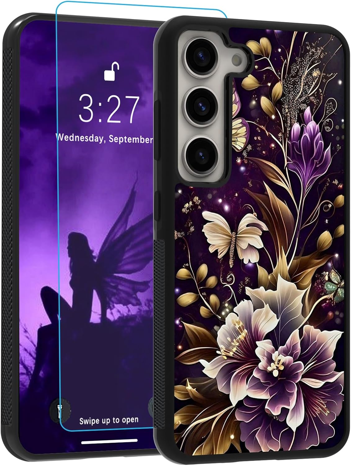 OOK Funda para Samsung Galaxy S23, diseño de nebulosa de flores moradas profundas, policarbonato duro+TPU suave, antideslizante, ultrafina, funda