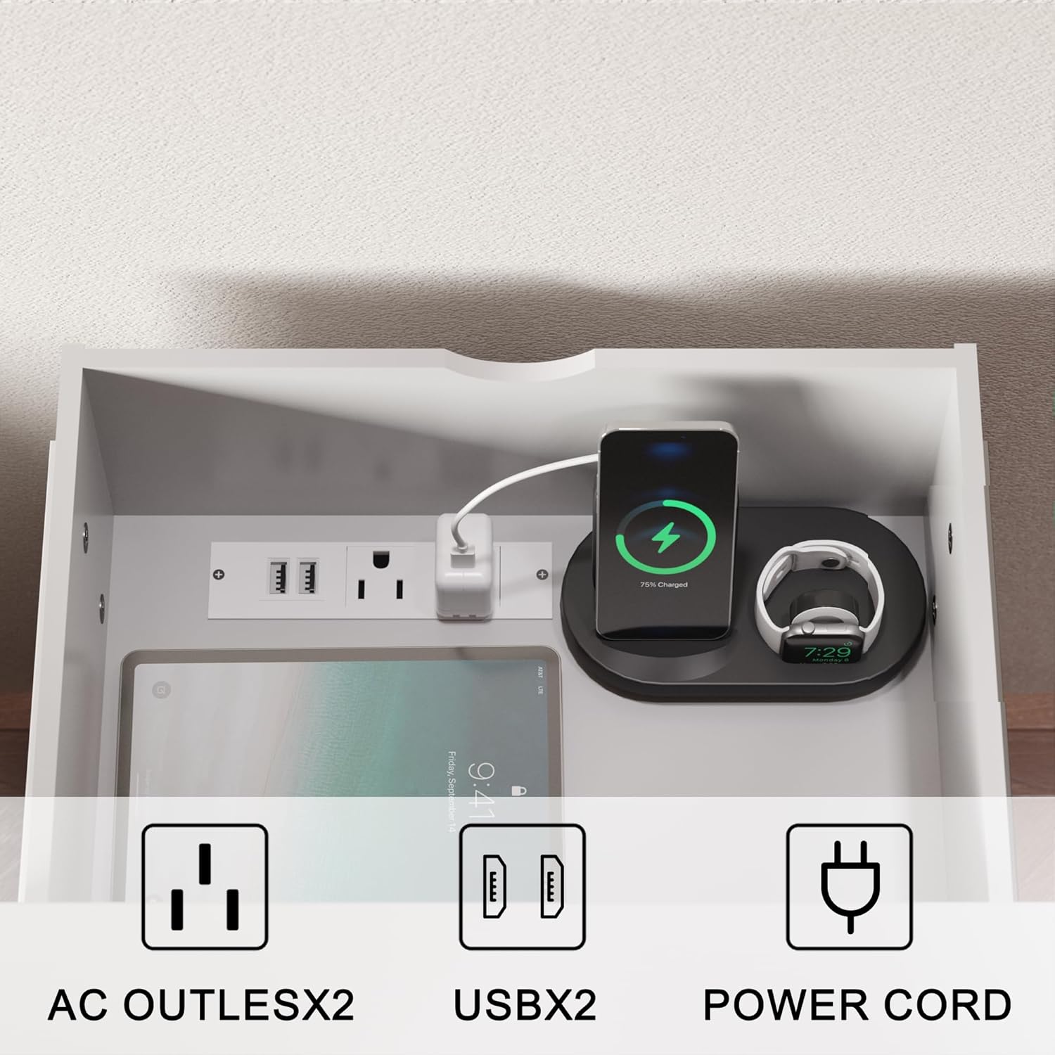 YESHOMY Juego de 2 mesitas de noche LED con estación de carga, 3 cajones para dormitorio, sala de estar, gran capacidad, 27.5 pulgadas de altura,