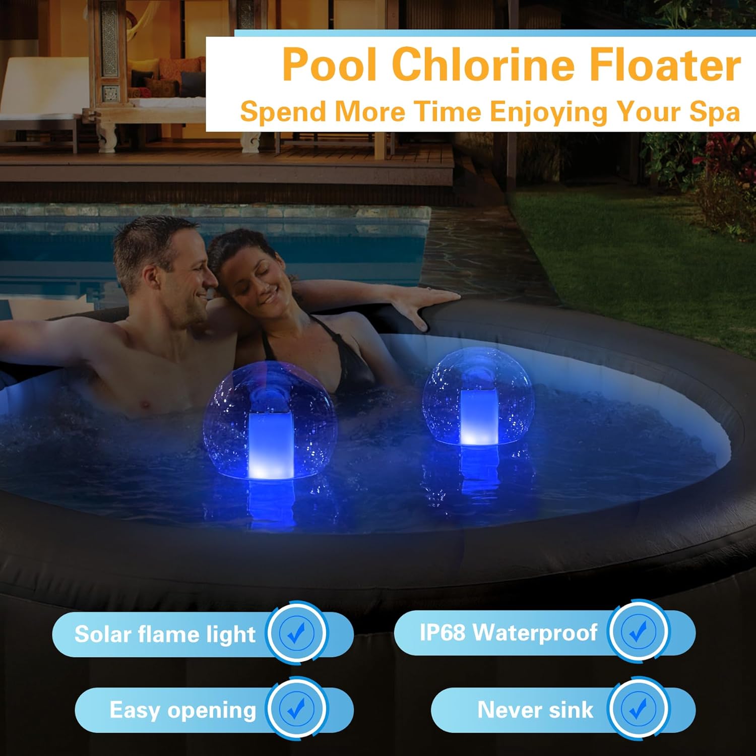 Flotador de cloro para piscina, flotador de cloro con luces de llama solares, dispensador de cloro flotante, flotador de cloro para bañera de