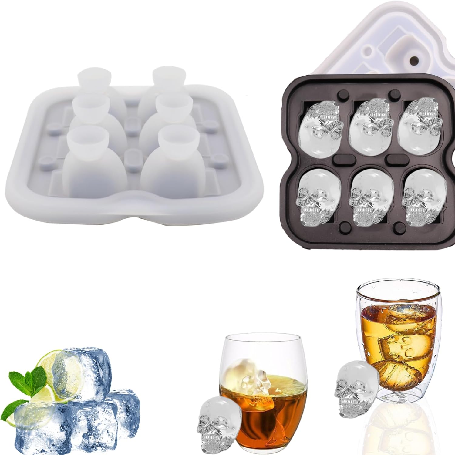 GHappiness Bandeja de silicona para cubitos de hielo, moldes de hielo de calavera con tapa para congelador, máquina de hielo de calavera 3D para