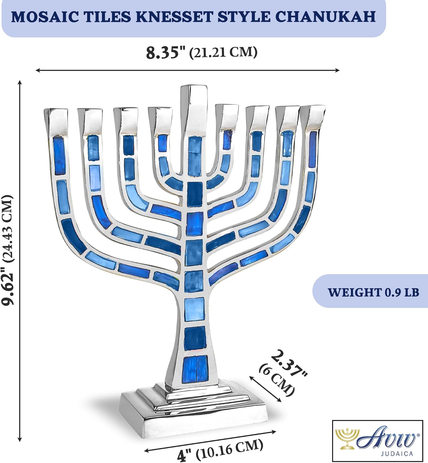 Mosaico de Janucá Menorá Knesset estilo Chanukiyah Jeweled con azulejos de mosaico incrustados se adapta a velas estándar de Hanukkah (azul)