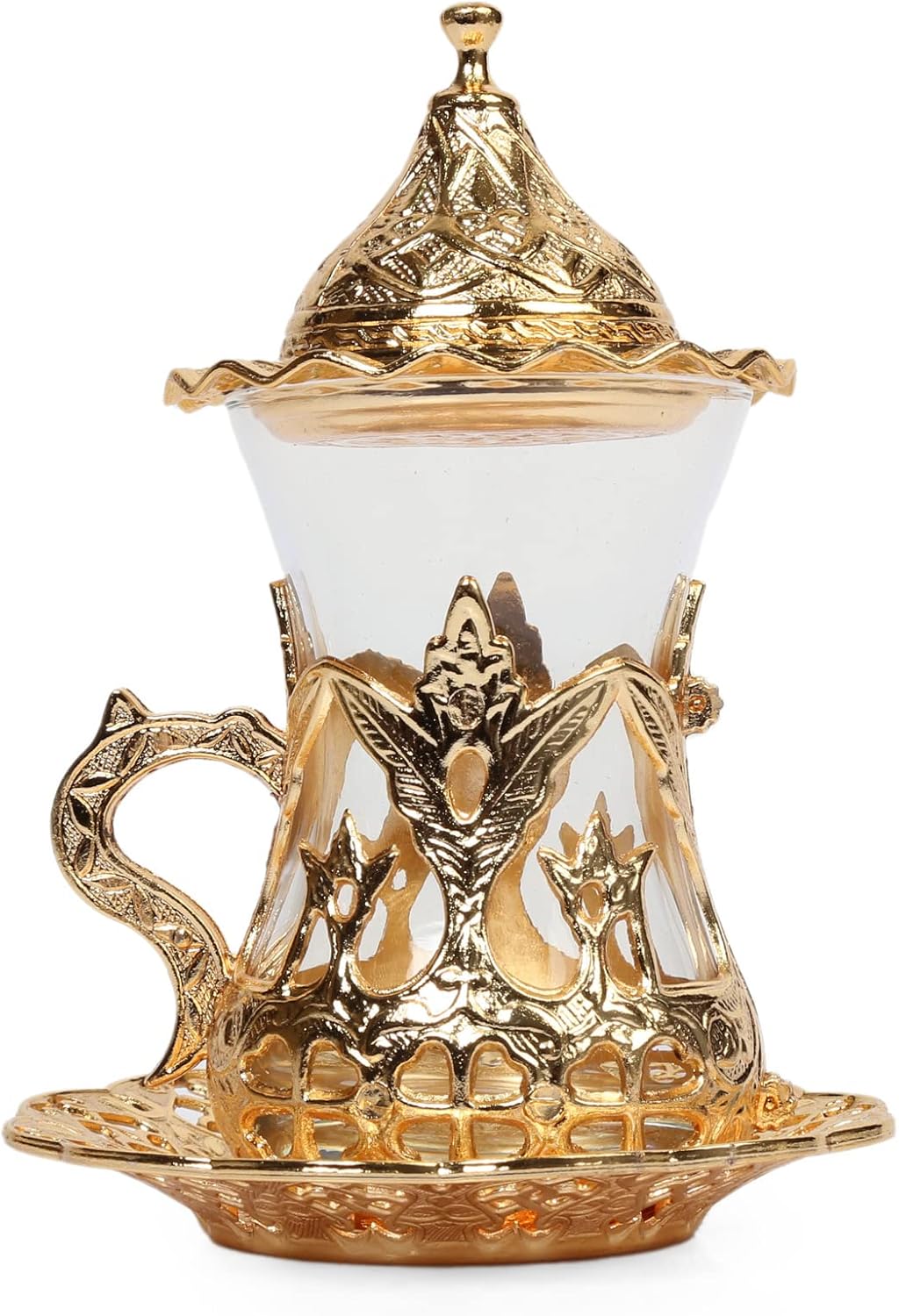 Alisveristime Juego de 6 vasos de té turco hechos a mano con platillo de agua Zamzam (dorado)