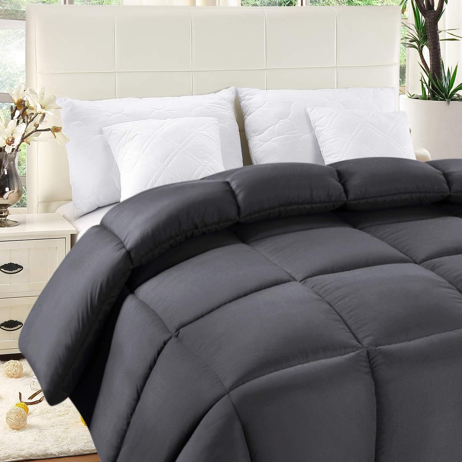 Utopia Bedding Relleno de edredón  Edredón acolchado con pestañas en las esquinas  Edredón alternativo cosido en caja King (gris, paquete de 3)
