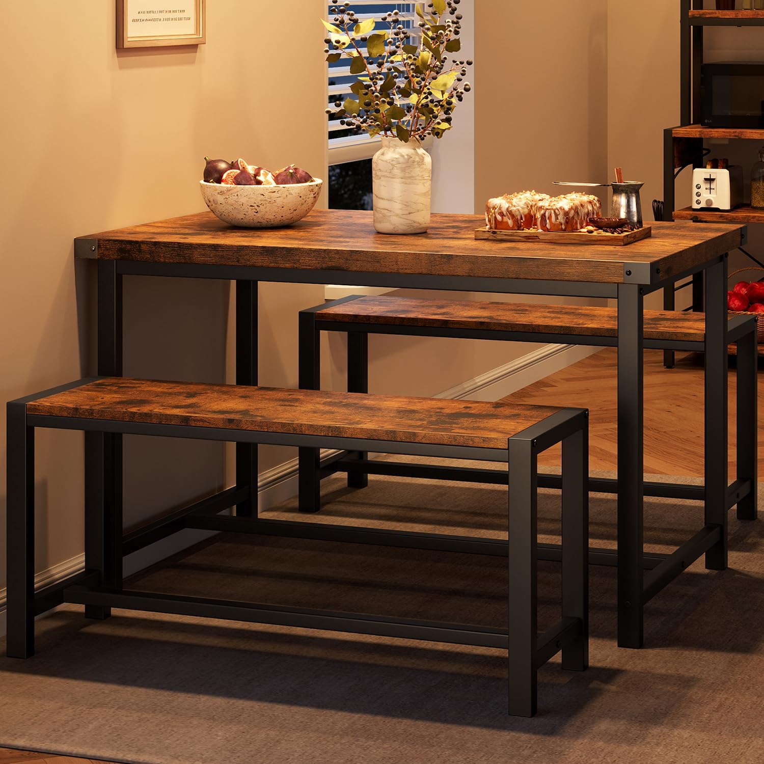 IDEALHOUSE Juego de mesa de comedor para 4, mesa de cocina con bancos, juego de mesa de comedor rectangular con 2 bancos de madera de metal, juego