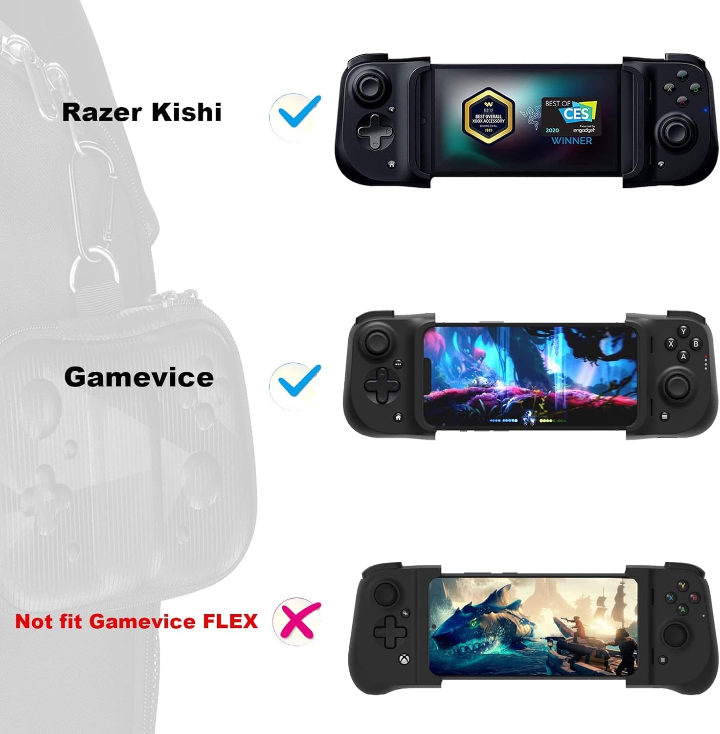 Funda delgada para Razer Kishi  Gamevice con control móvil de juegos con palancas de pulgar y mosquetón (tecnológico-negro)