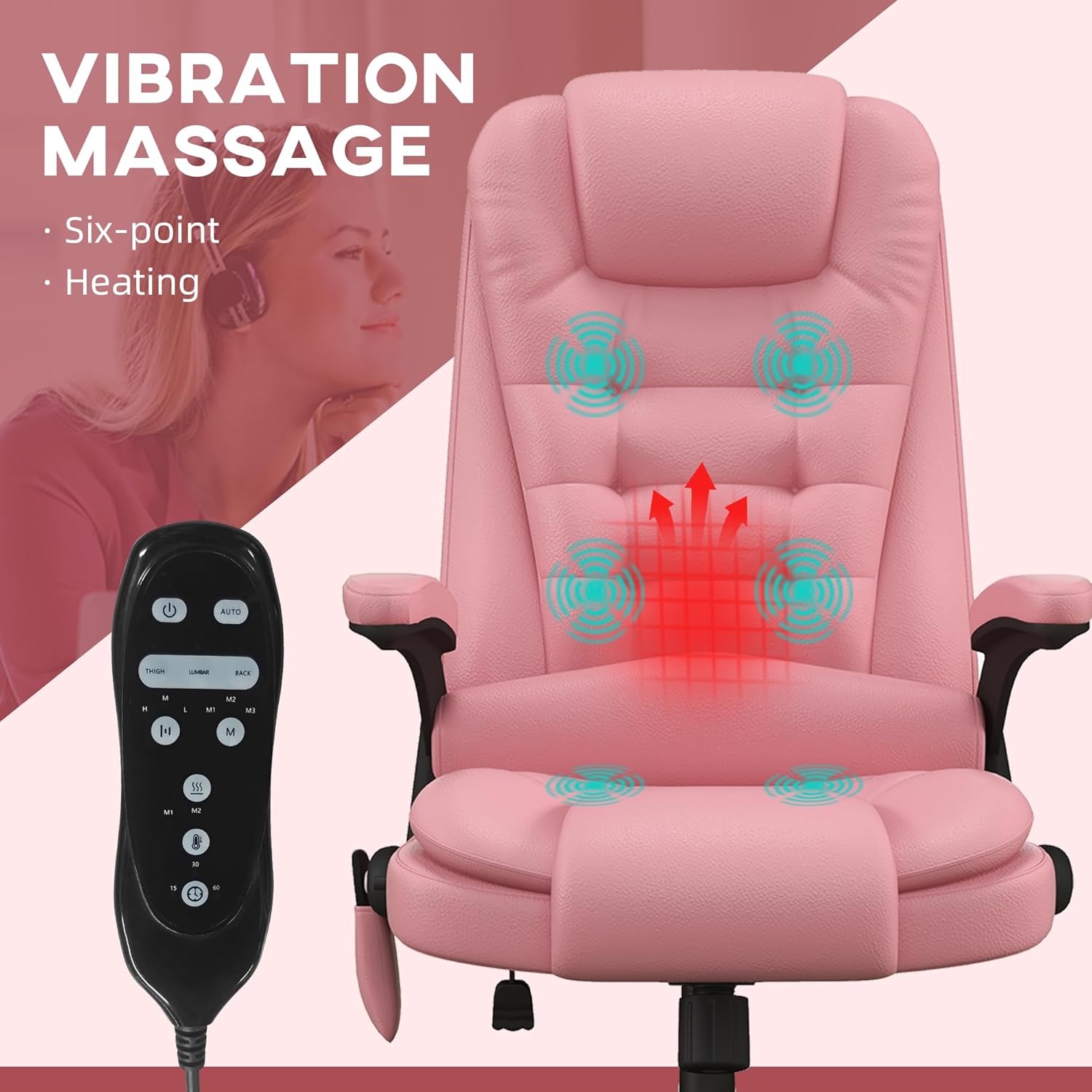 HOMCOM Silla de oficina de masaje con vibración de respaldo alto con 6 puntos de vibración, silla de computadora reclinable con calefacción de piel