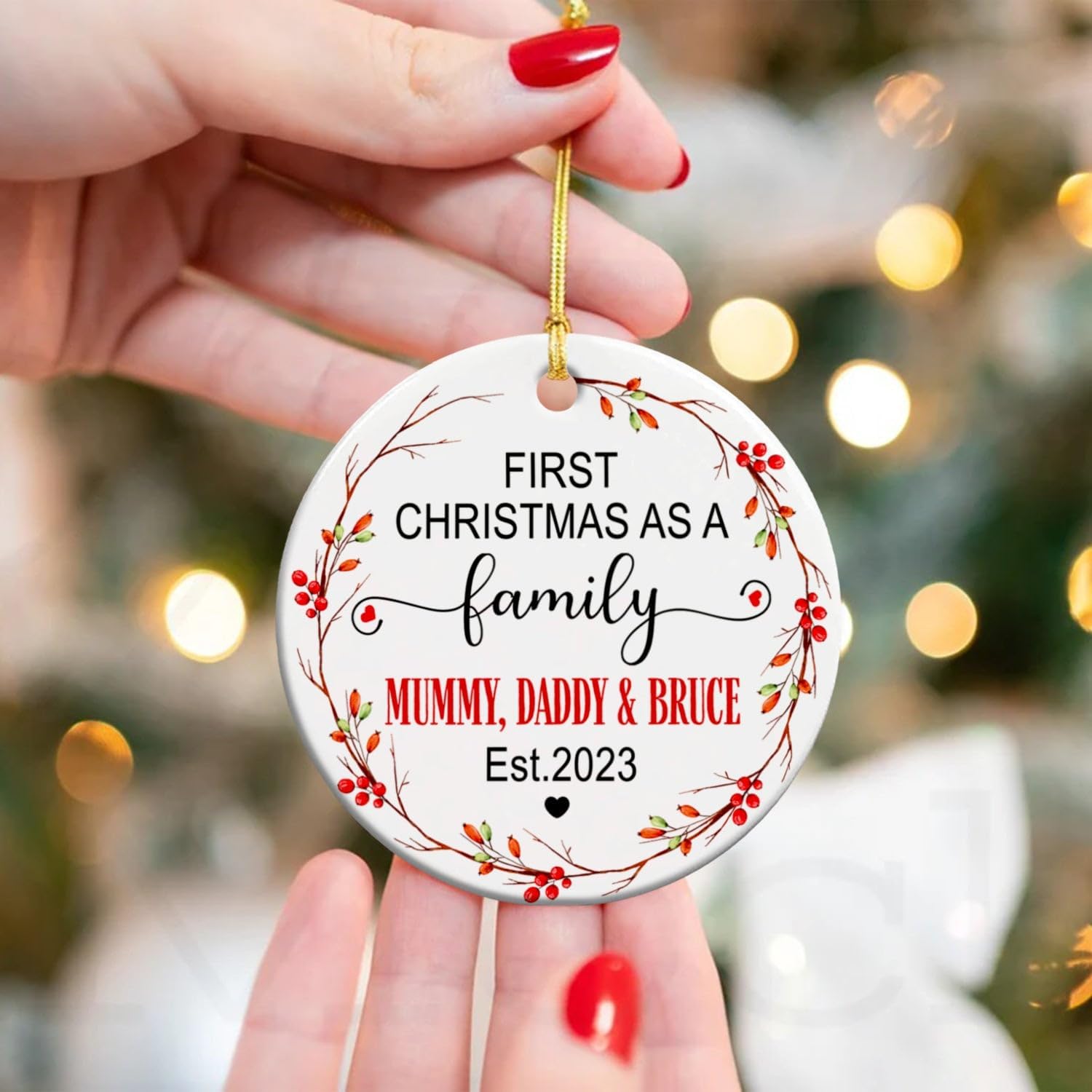Adorno de cerámica personalizado para la primera Navidad como una familia de tres 2023, adorno de Navidad personalizado para la primera Navidad como