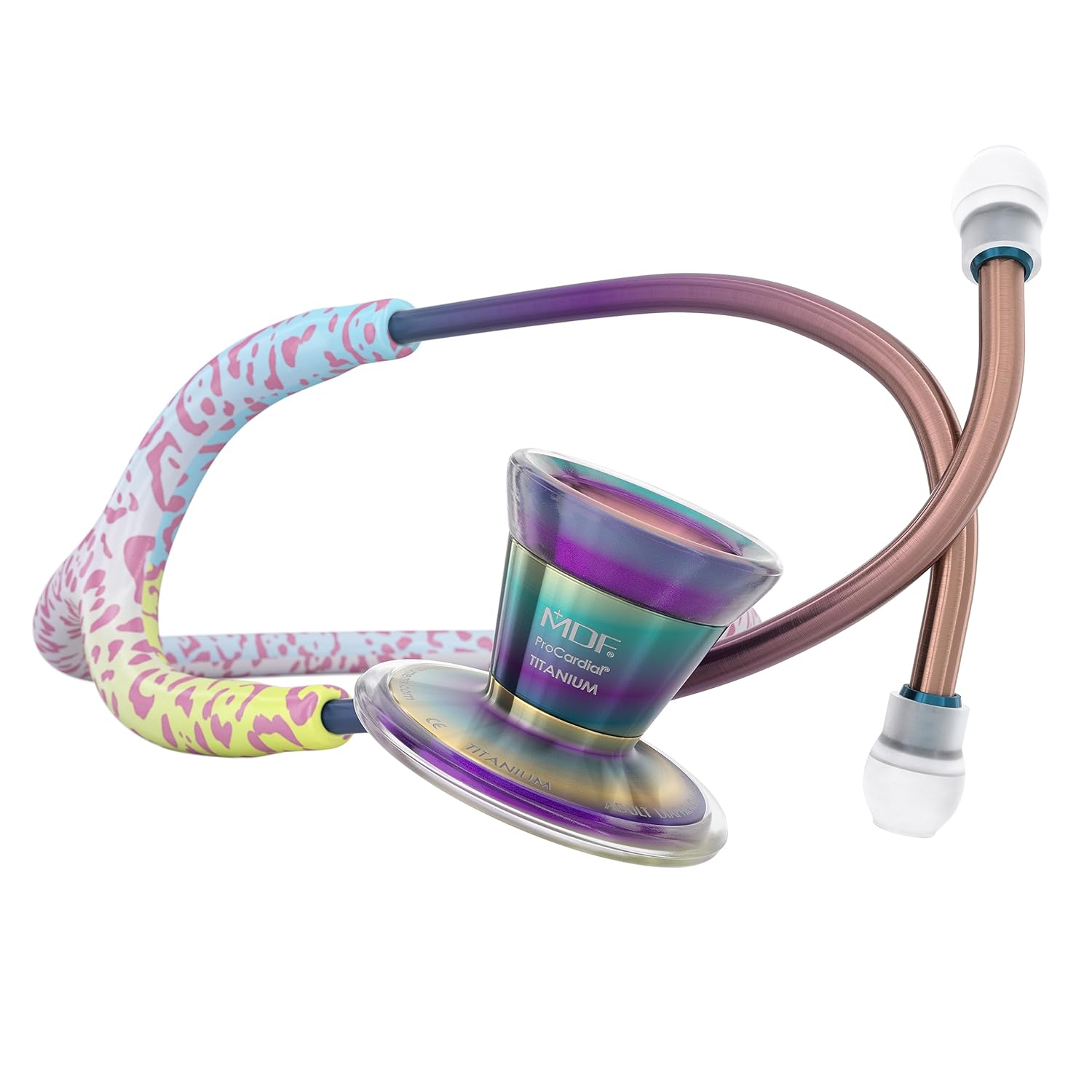 MDF Instruments ProCardial Cardiology – Estetoscopio de titanio ligero, para adultos, doble cabeza, tubo de caleidoscopio de leopardo arcoíris +