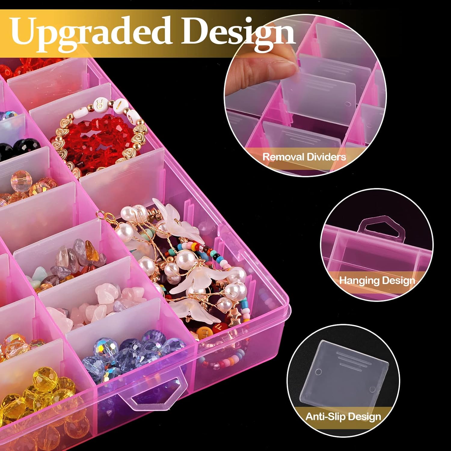 Paquete de 2 cajas organizadoras de plástico rosa de 24 rejillas, contenedor de almacenamiento con divisor ajustable, organizadores de manualidades