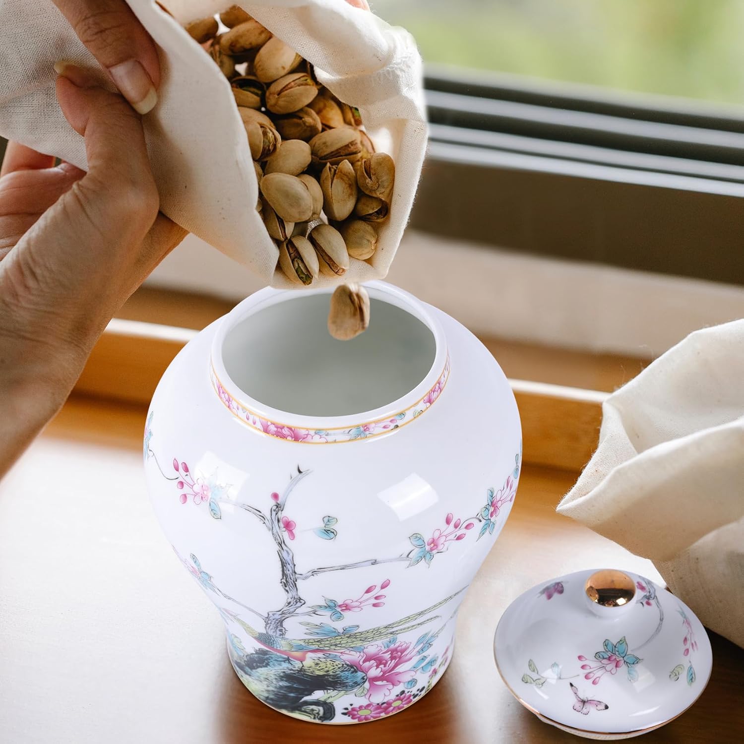 Tarro de jengibre chino con tapa, estilo antiguo, decoración del hogar, retro, flores de porcelana azul y blanca, jarrón cubierto de cerámica,