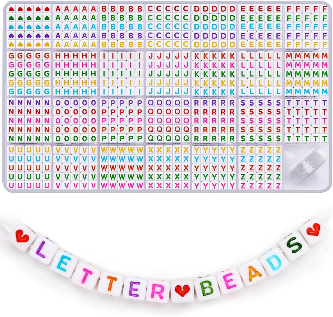 Praisebank 1215 cuentas de letras de 0.236 x 0.236 pulgadas (coloridas sobre blanco), cuentas cuadradas del alfabeto, cuentas para hacer joyas,