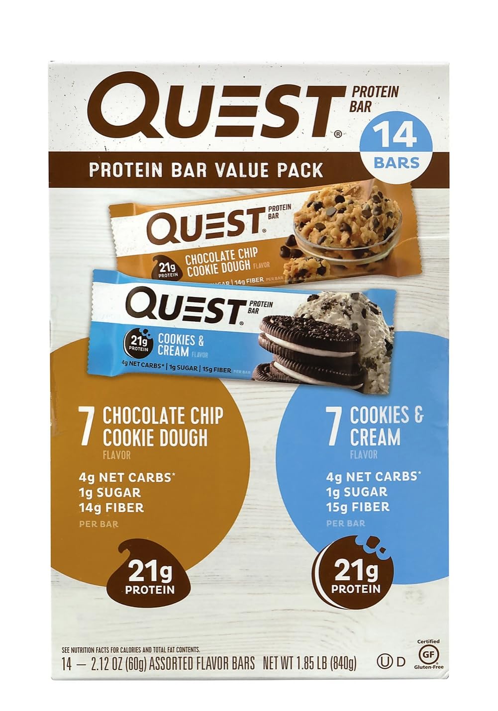 Quest Protein Bar Value Pack 14 barras, masa de galletas con chispas de chocolate y crema de galletas, 0.04 oz de azúcar, 0.74 oz de proteína
