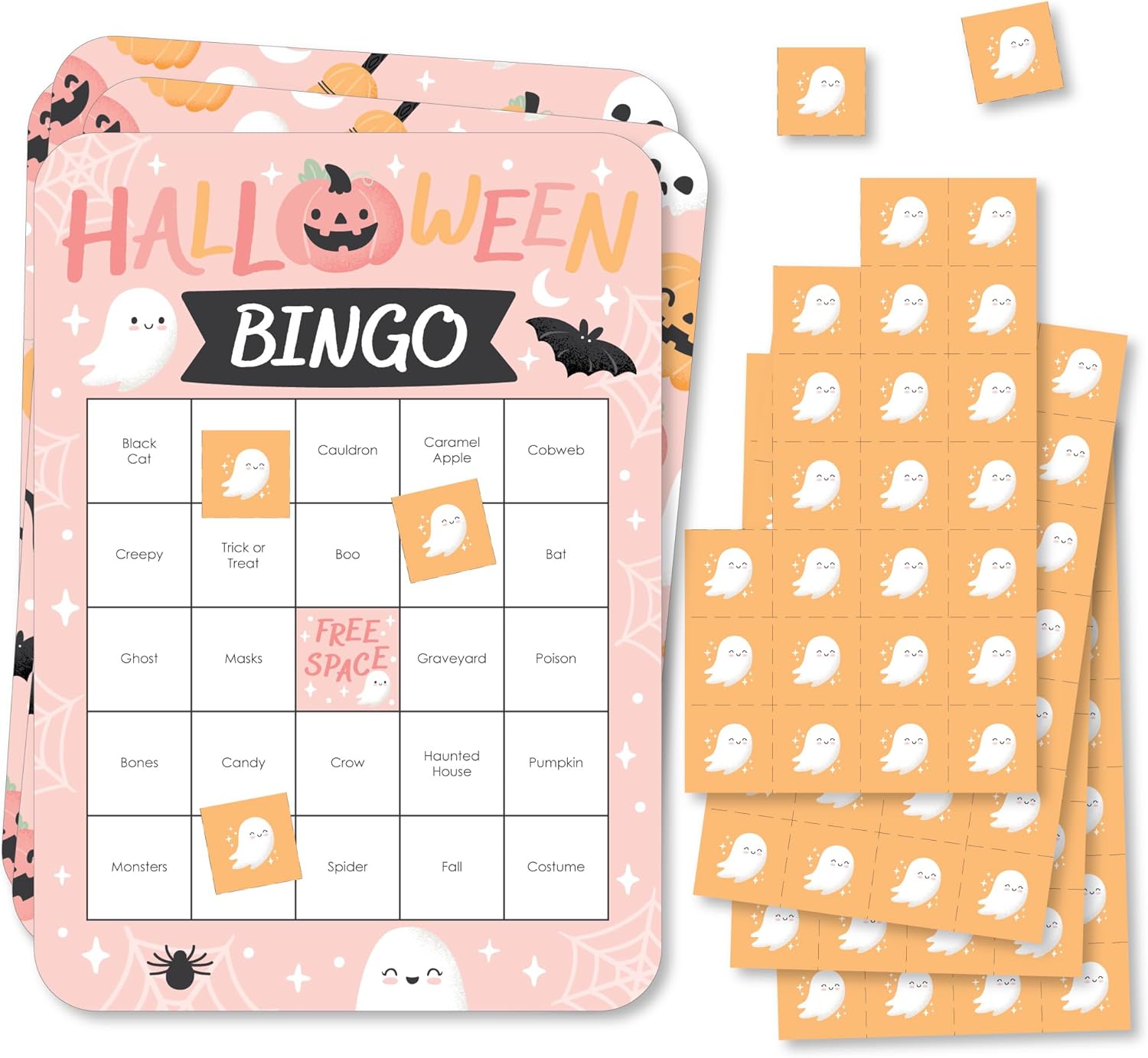 Big Dot of Happiness Pastel Halloween – Tarjetas de bingo y marcadores – Juego de bingo de fiesta de calabaza rosa – Juego de 18