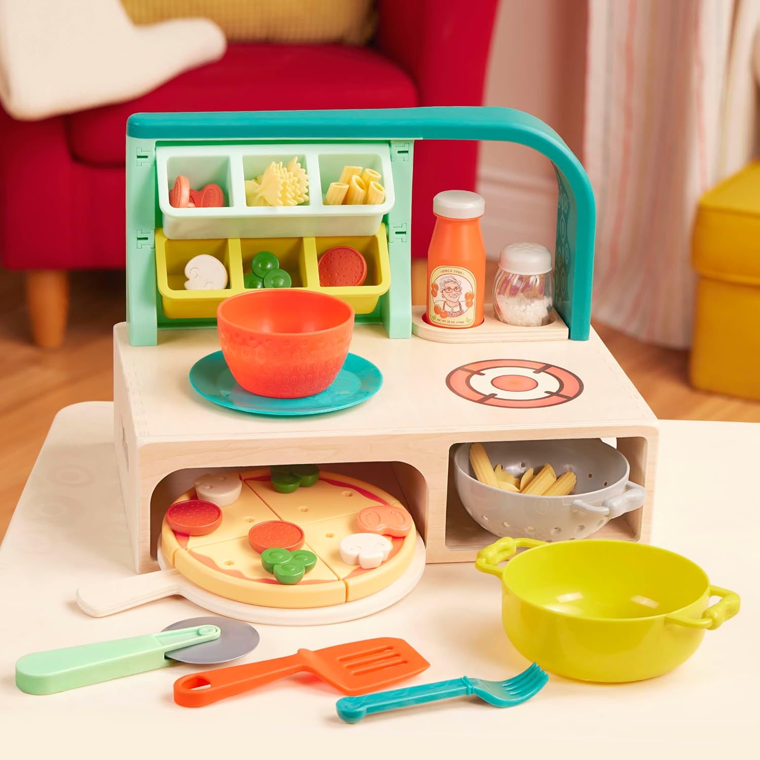 B. toys – Mini Chef – Pizza-n-Pasta Playset – Juego de pizza y pasta de juego de simulación – Comida de juego y accesorios de juego de roles –