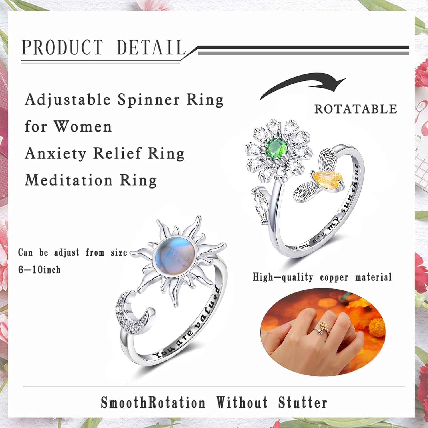 6 anillos para la ansiedad para mujer, anillos abiertos ajustables, anillos giratorios para calmar el estado de ánimo, anillos de mariposa con