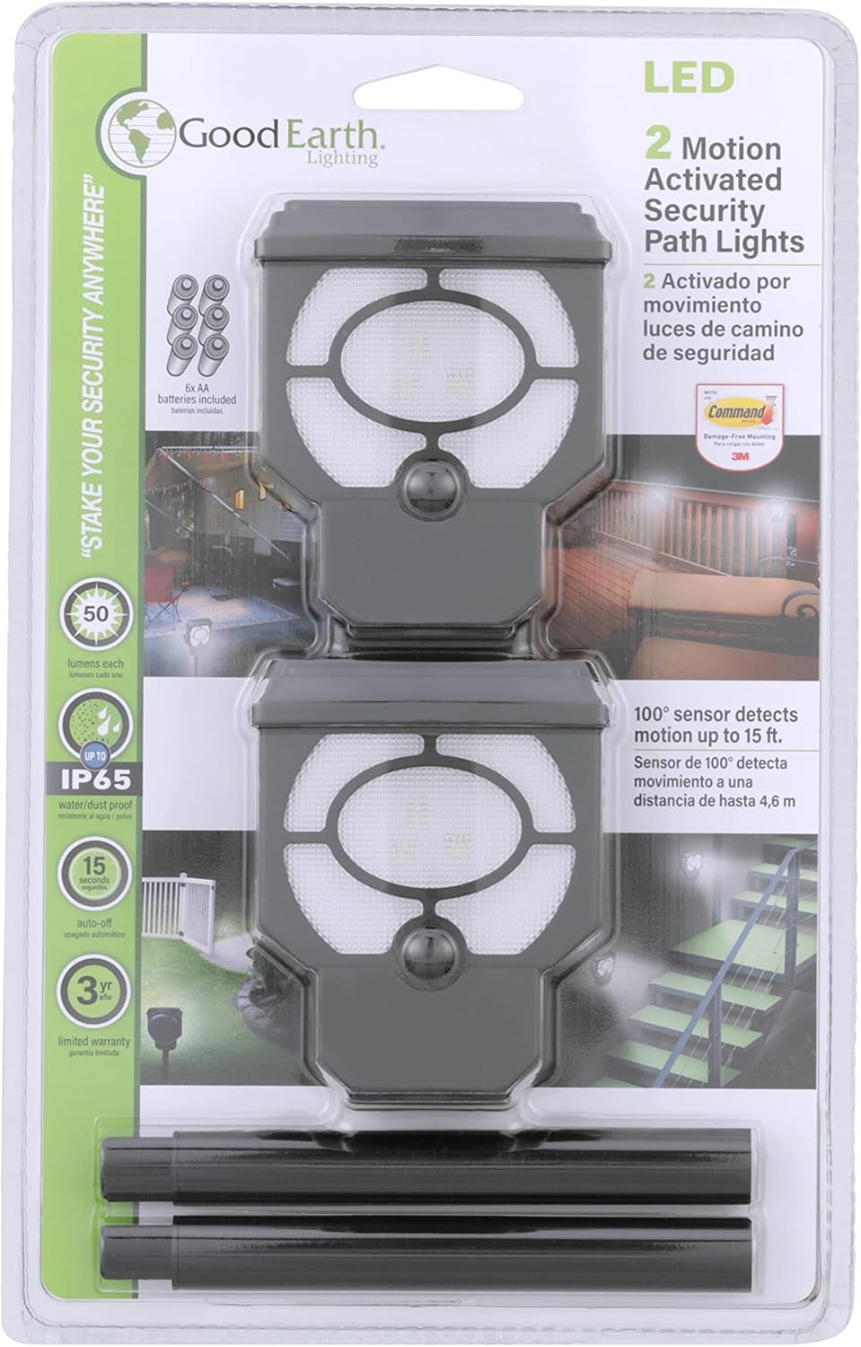 Good Earth Lighting Luces LED de camino o cubierta con pilas en bronce, sensor de movimiento con apagado automático, 50 lúmenes, temperatura de