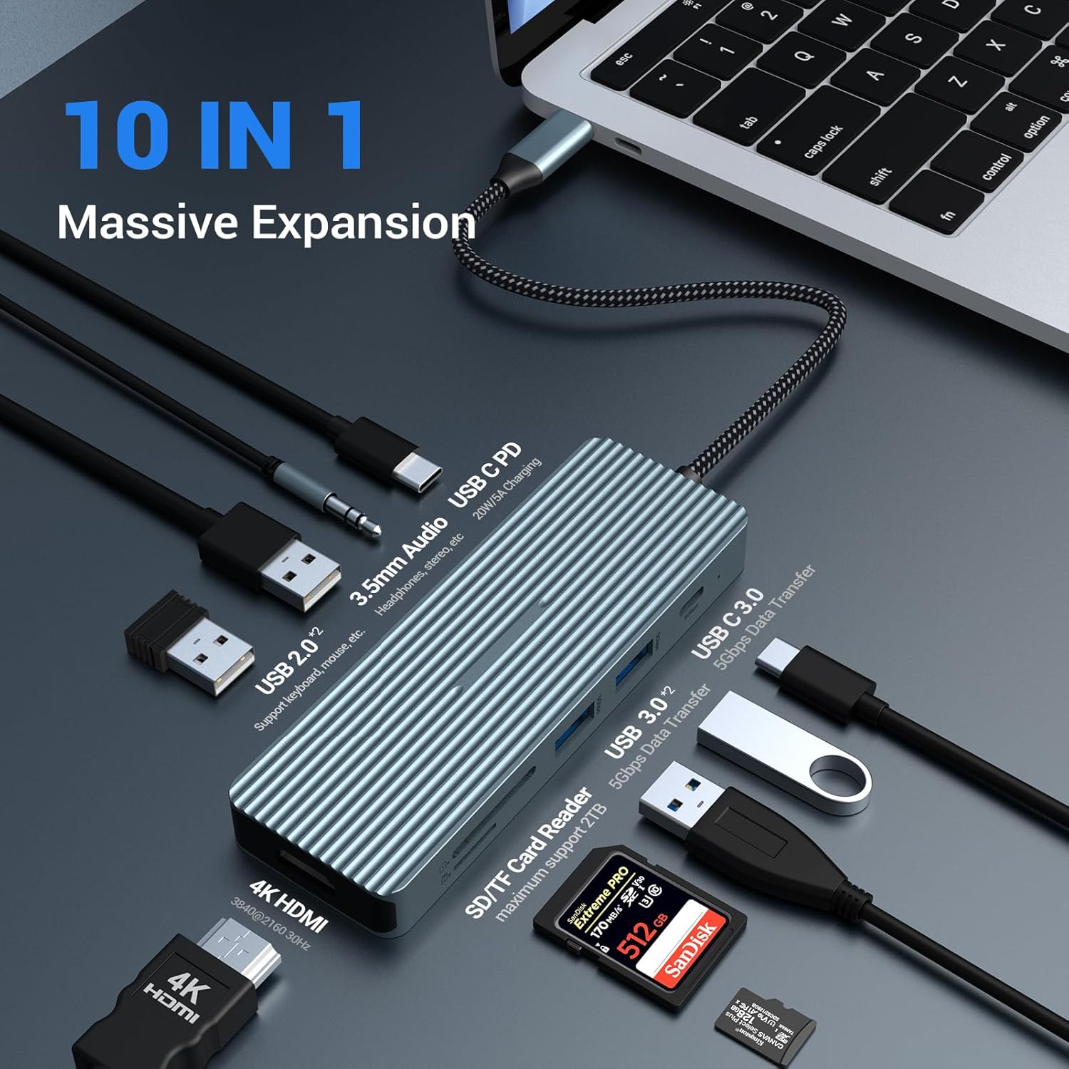 Estación de acoplamiento USB C 10 en 1, adaptador con HDMI 4K, 2 puertos USB 3.0, USB-C 3.0, 2 USB 2.0, carga PD de 100 W, SDTF, conector de audio