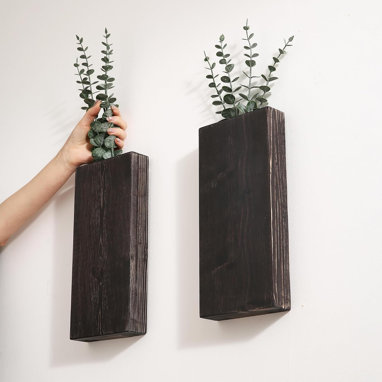Juego de 2 macetas de madera para pared, bolsillo de pared de madera para vegetación y flores secas, florero colgante de madera para interiores,