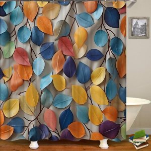 1343 – Juego de cortinas de ducha, diseño de hojas multicolores, flores azules, amarillas, plantas, fotografía de naturaleza, tela decorativa de 1343 – Juego de cortinas de ducha, diseño de hojas multicolores, flores azules, amarillas, plantas, fotografía de naturaleza, tela decorativa de
