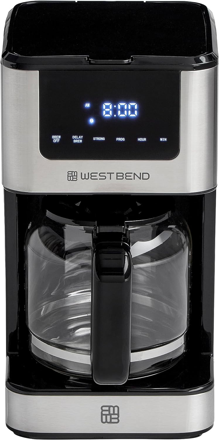 West Bend Cafetera de goteo que prepara caliente o helado, programable con selector de fuerza de preparación y apagado automático y 6 funciones con