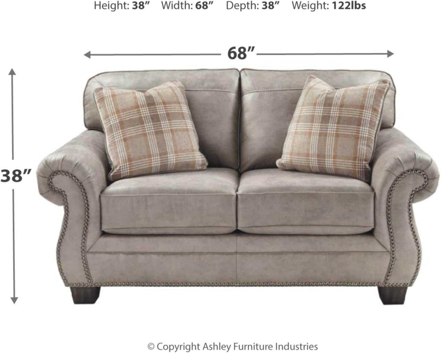Signature Design by Ashley Olsberg – Sofá biplaza de piel sintética con ribete de clavos y 2 almohadas decorativas, color gris