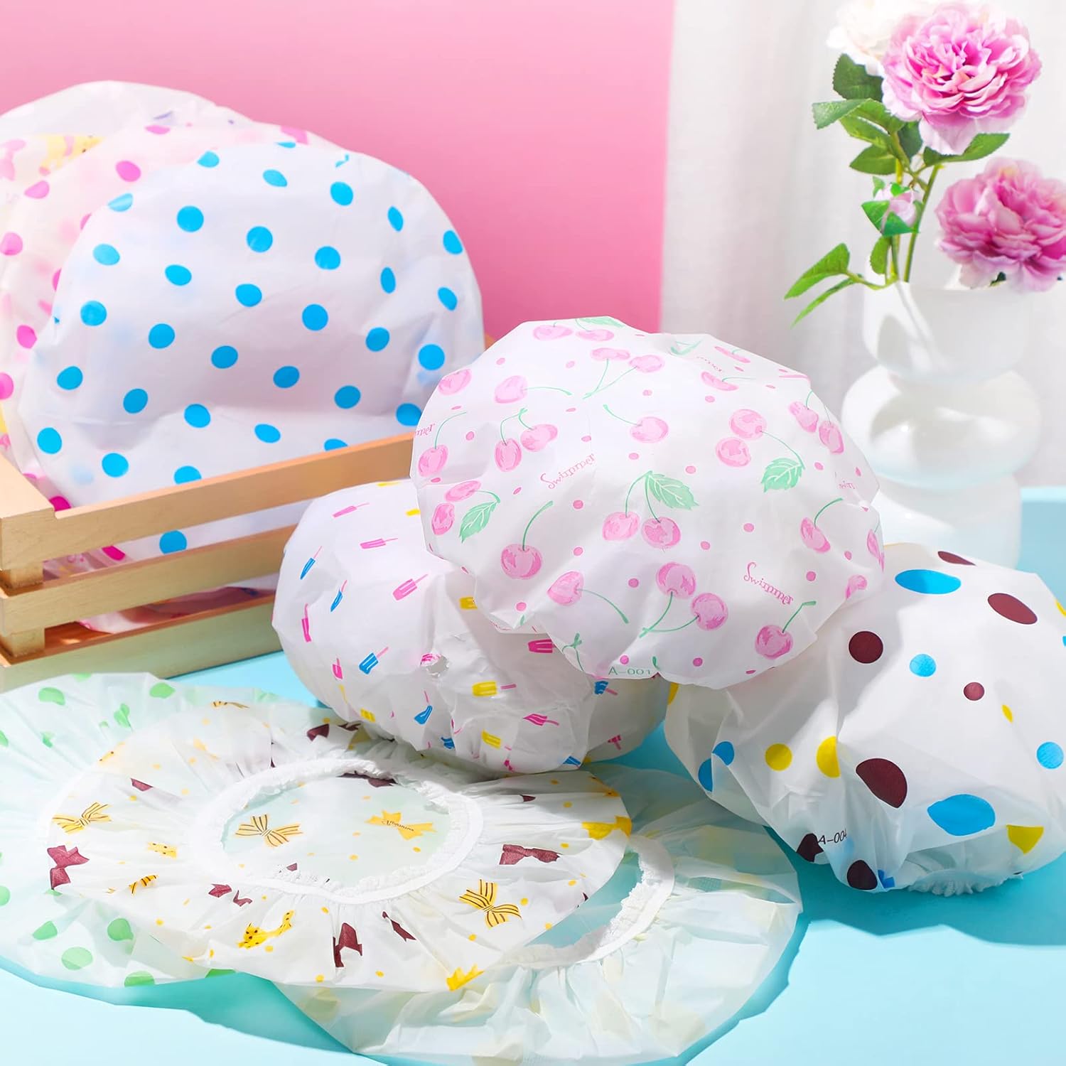 Gorros de ducha impermeables para mujer, 20 unidades, de plástico surtido, reutilizables, para baño, salón, banda elástica, gorras de baño para