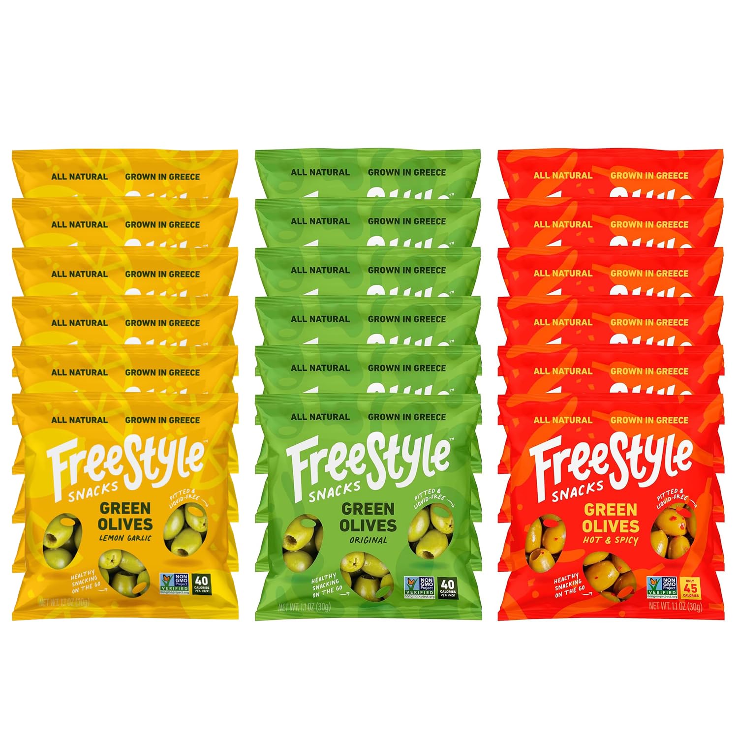 Freestyle Snacks Paquetes de aceitunas  Paquete de 3 sabores  Ajo limón, original, picante y picante  (18) paquetes de 1.1 oz en total  Aceitunas