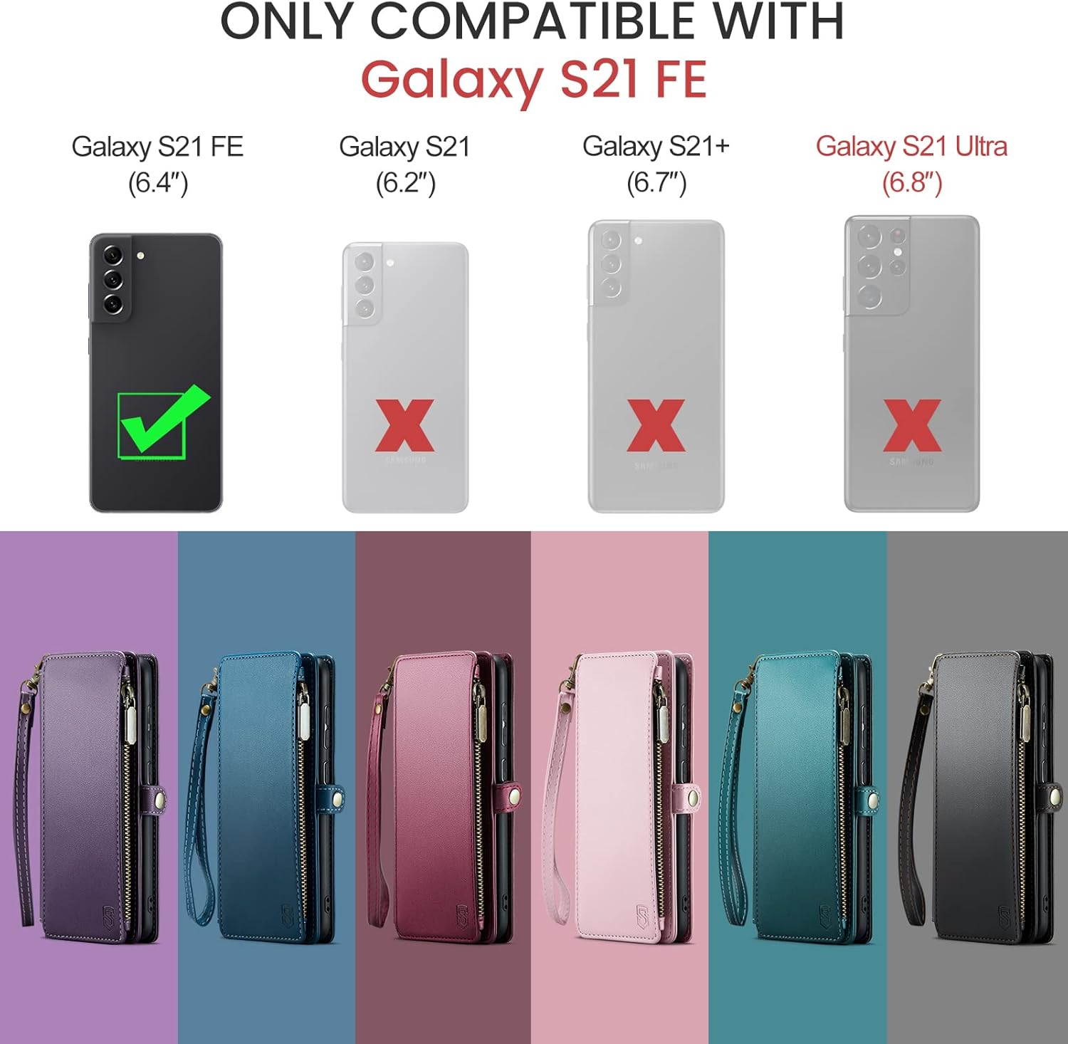 Funda compatible con Samsung Galaxy S21 FE 5G con tarjetero, bloqueo RFID, cremallera, para Galaxy S21 FE, funda magnética de piel sintética para