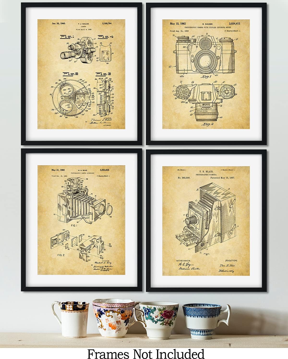 Govivo Patente de cámara antigua un conjunto de cuatro patentes de equipos de fotografía para decoración de pared impresiones con fondos sepia,