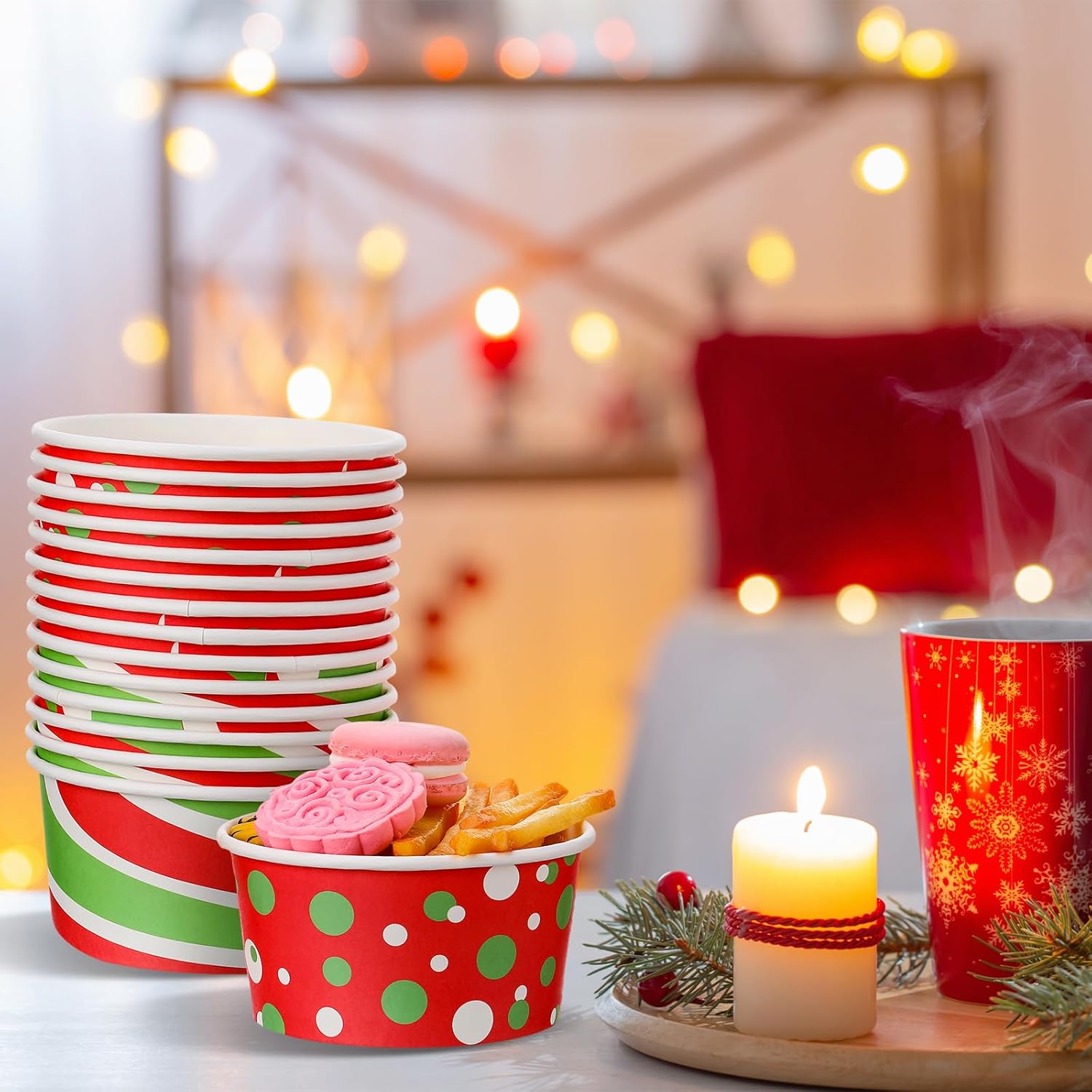 Paquete de 72 tazas de aperitivos de Navidad de 16 onzas, tazas desechables para helado, cuencos de papel para yogur, tazas de postre, vasos de