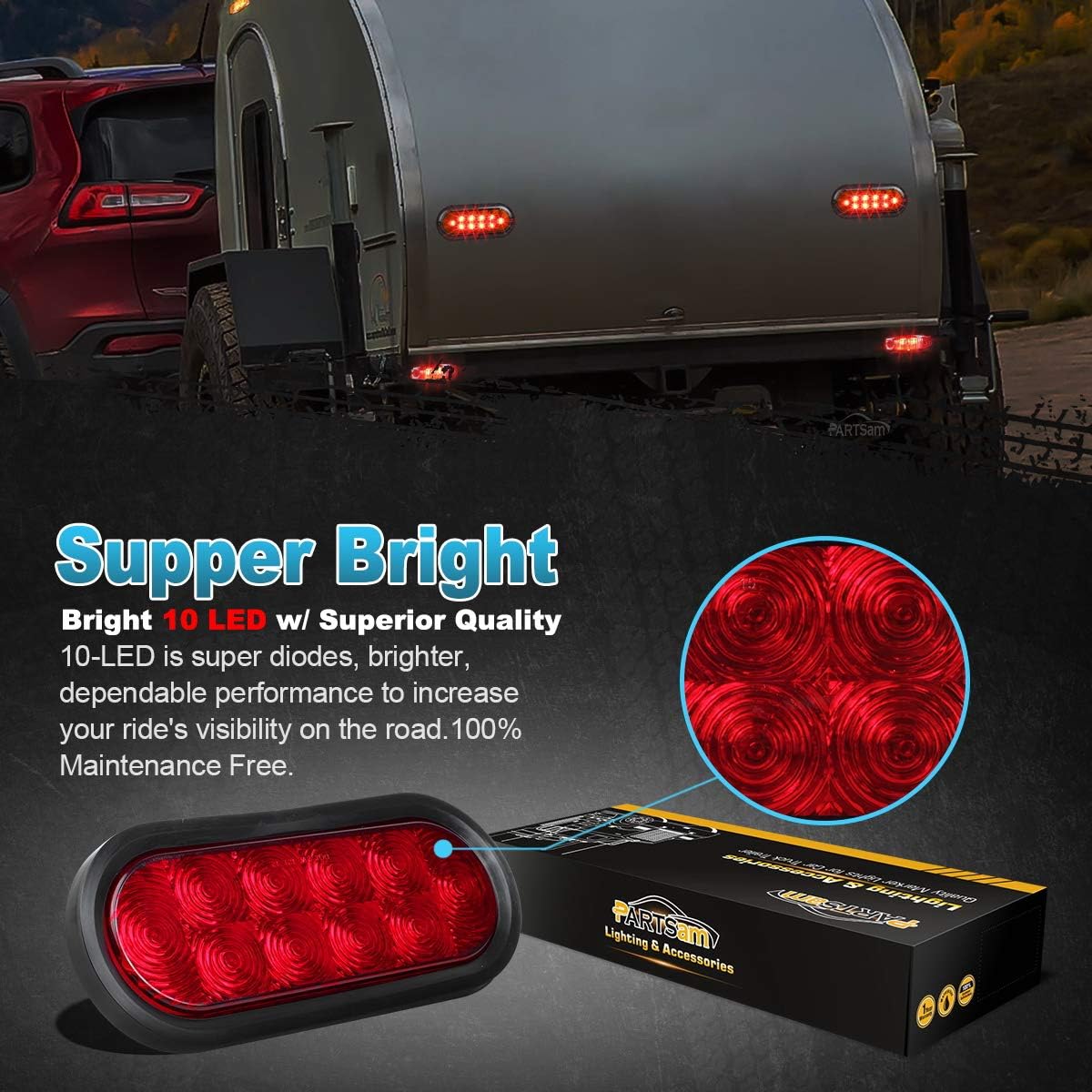 Partsam 6 luces de freno traseras ovaladas rojas de 10 diodos de 6 pulgadas con arandela + montaje empotrado, luces traseras de remolque ovaladas de