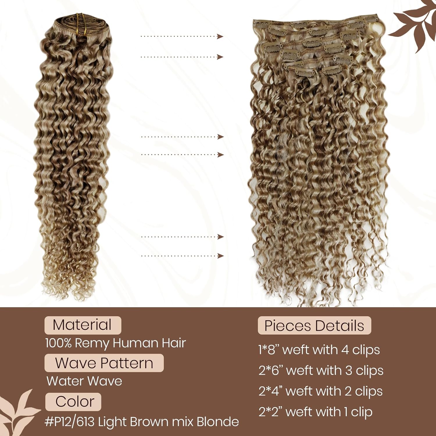 Hetto Extensiones de cabello humano ondulado con clip, color rubio decolorado, extensiones de cabello rizado natural con clip, 18 pulgadas, 7